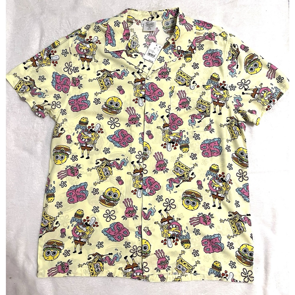 NWT SpongeBob SquarePants Men's Dress Shirt Yellow With Characters XL